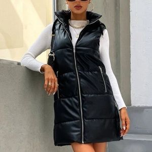 Faux Leather Hooded Puffer Vest